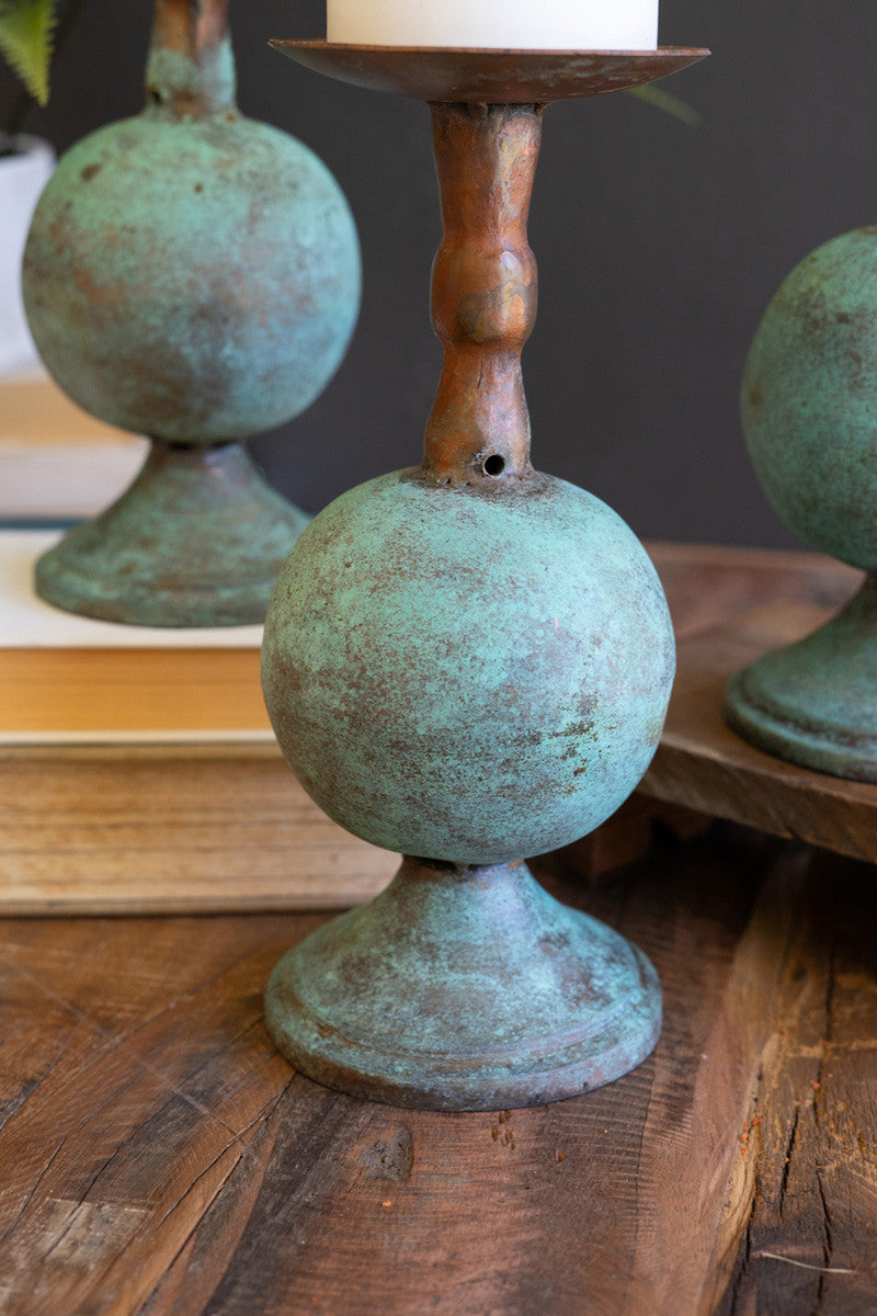 Set of 3 Copper Patina Finish Pillar Candle Holders