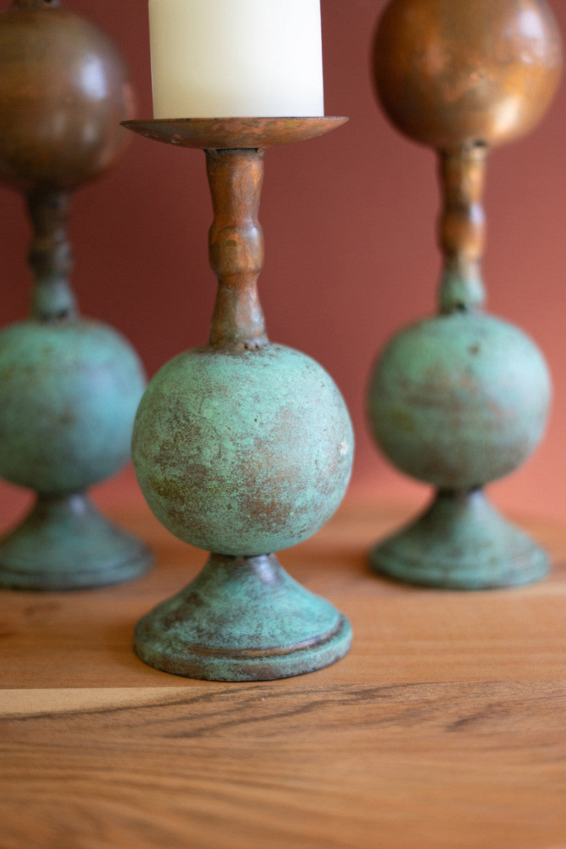 Set of 3 Copper Patina Finish Pillar Candle Holders