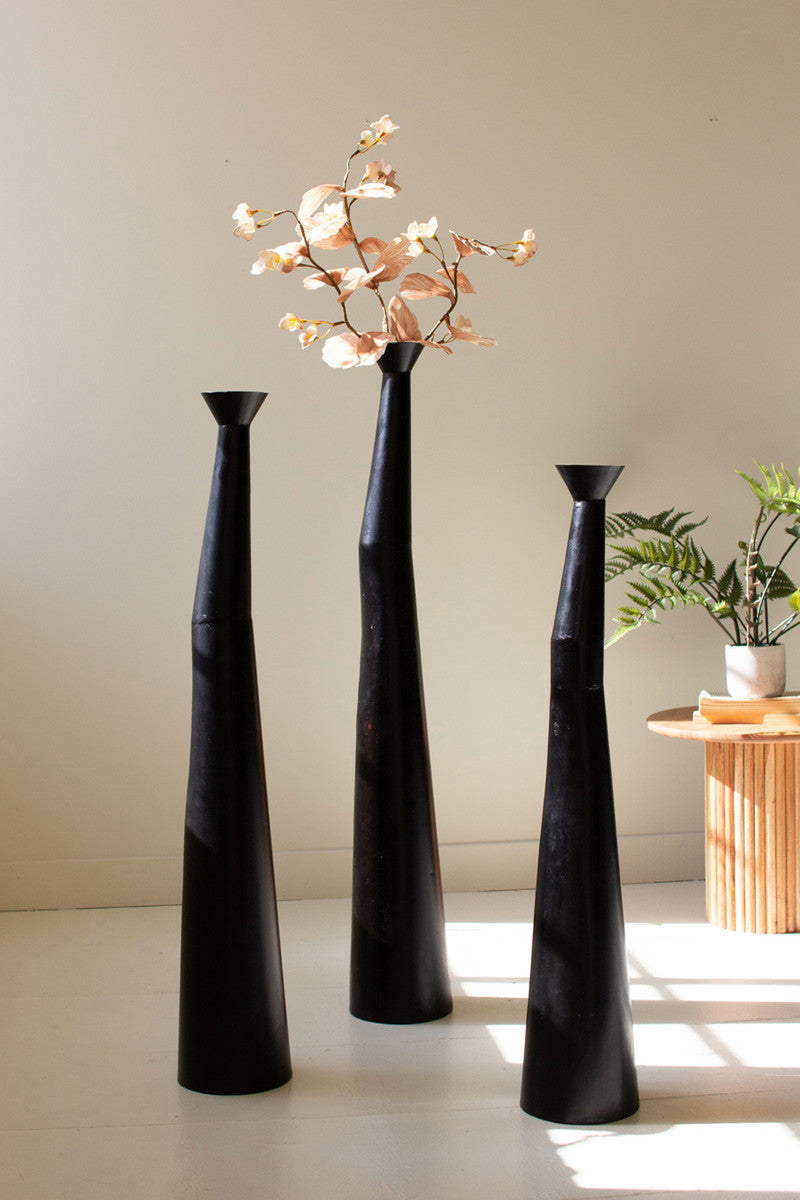 Set of 3 Waxed Black Tall Vases