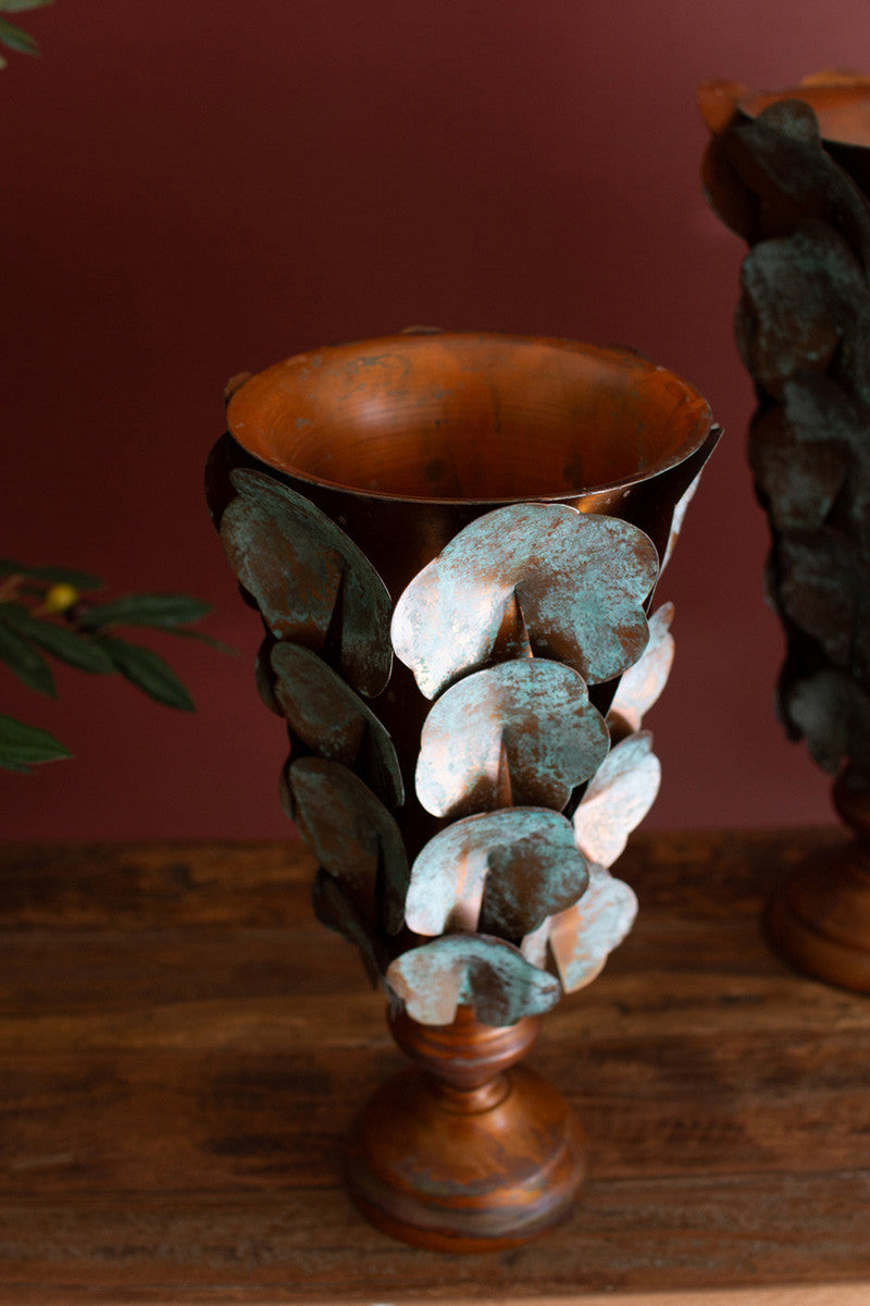 Set of 2 Copper Patina Finish Metal Lotus Leaf Vases