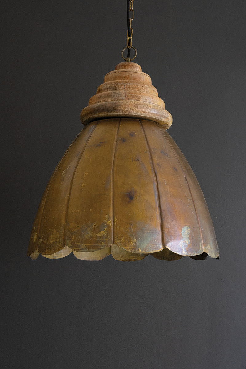 Dome Antique Brass Pendant Light with Wood Detail