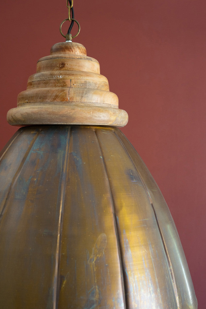 Dome Antique Brass Pendant Light with Wood Detail