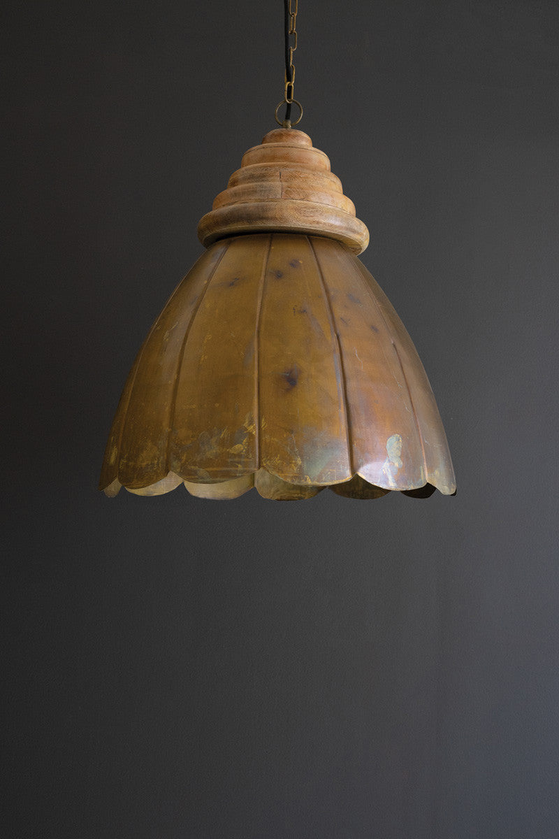 Dome Antique Brass Pendant Light with Wood Detail