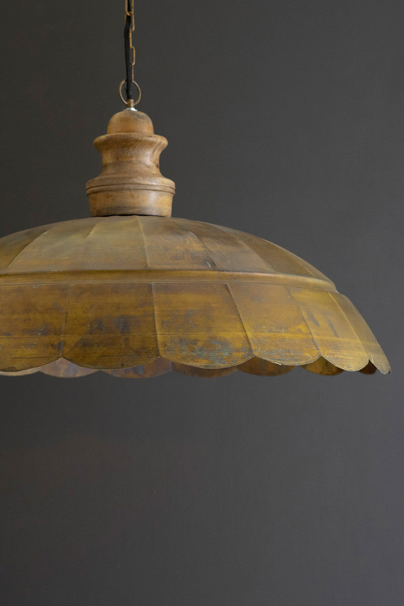 Wide Dome Antique Brass Pendant Light with Wood Detail