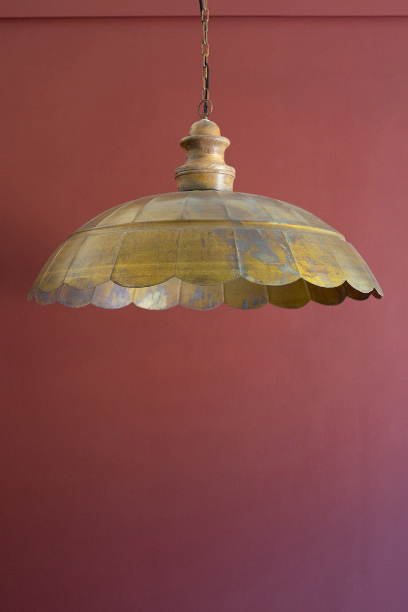 Wide Dome Antique Brass Pendant Light with Wood Detail