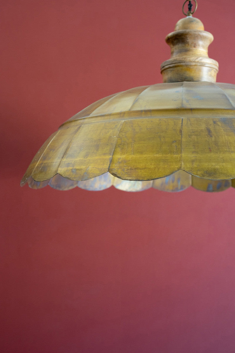 Wide Dome Antique Brass Pendant Light with Wood Detail