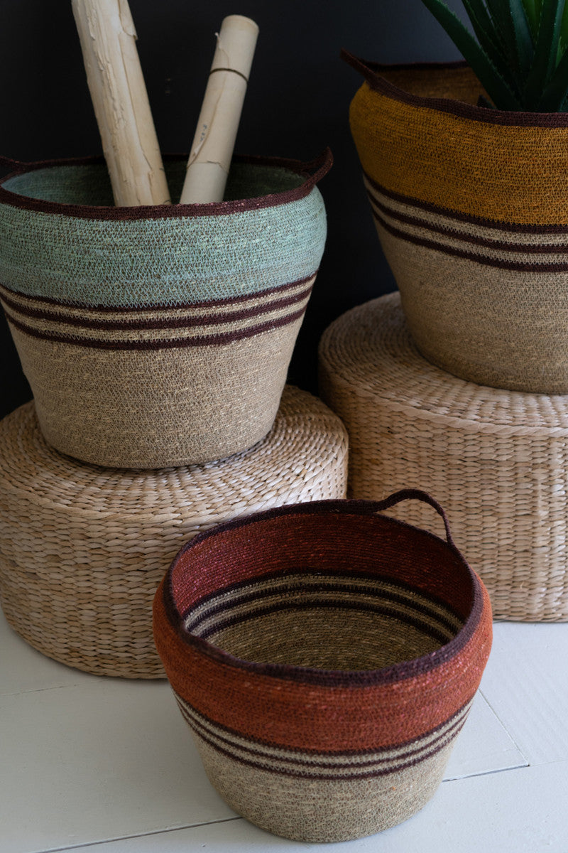 SET OF THREE COLORFUL SEAGRASS STORAGE BASKETS WITH HANDLES