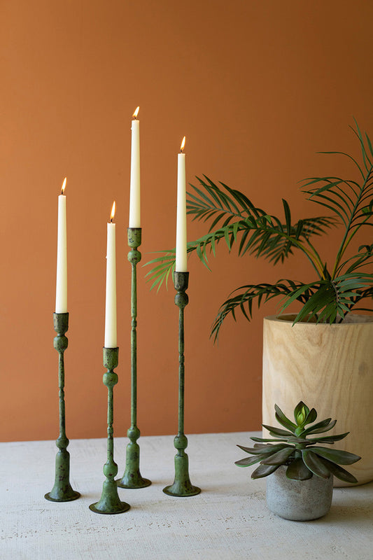 Set of 4 Forged Iron Green Patina Taper Candle Holders
