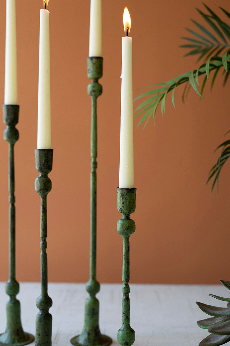 Set of 4 Forged Iron Green Patina Taper Candle Holders