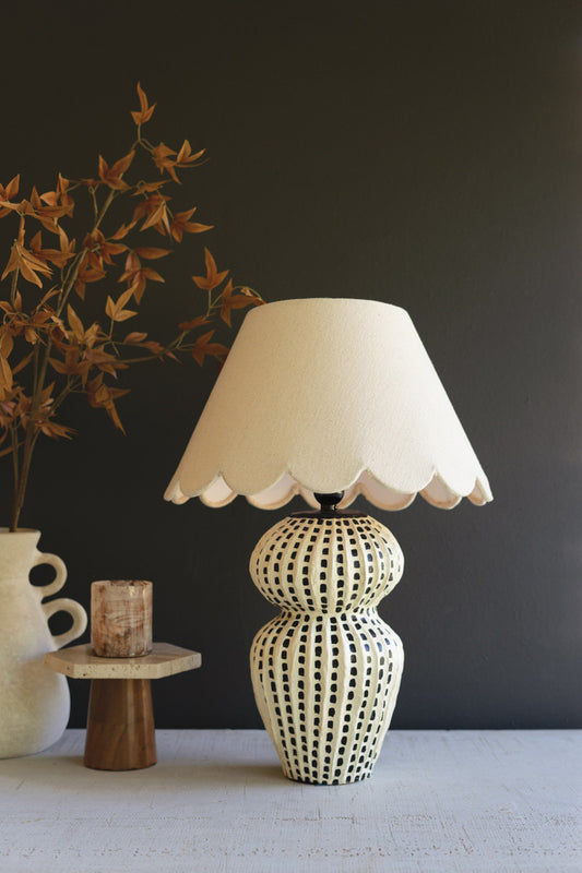 PAPER MACHE LAMP BASE WITH BLACK VERTICAL DOTS W FABRIC SHADE