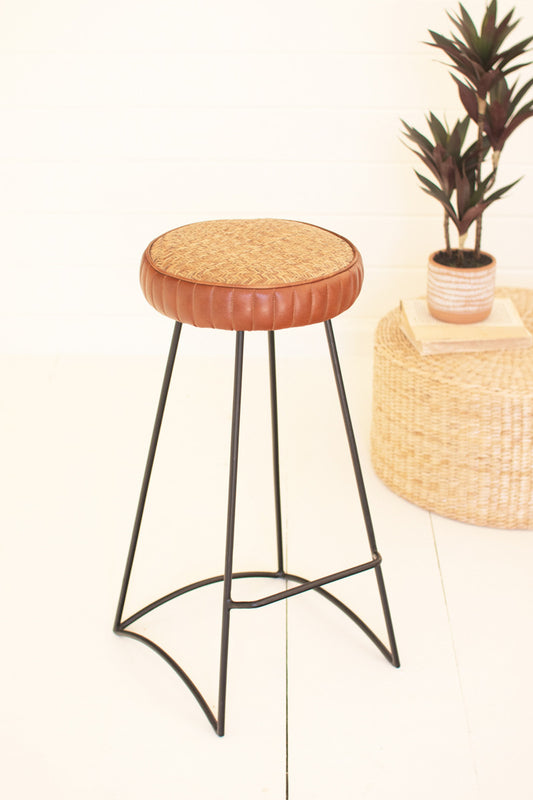 IRON BAR STOOL WITH LEATHER AND WOVEN CANE