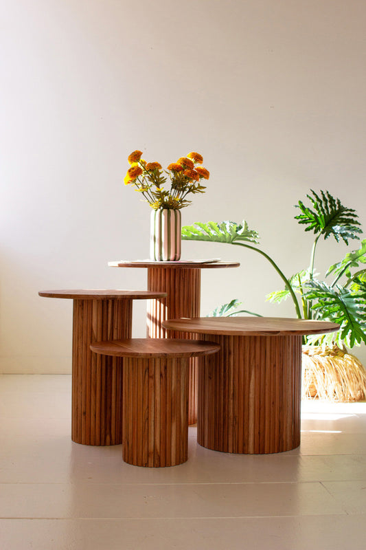 Set of 4 Acacia Wood Accent Tables with Tambour Bases