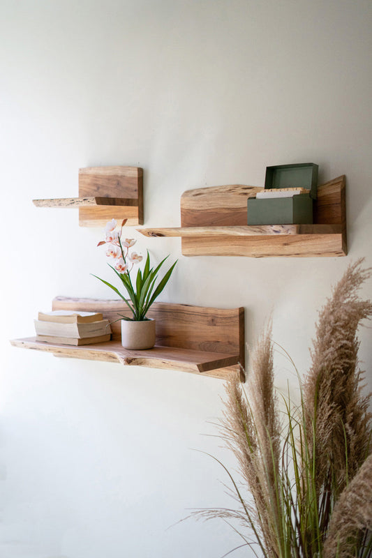 Set of 3 Acacia Wood Floating Wall Shelves
