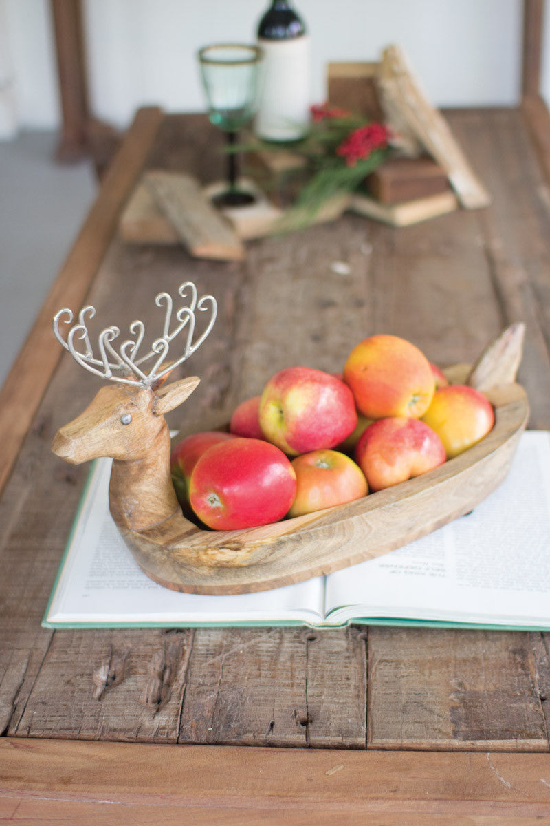 HAND CARVED MANGO WOOD REINDEER BOWL WITH METAL ANTLERS