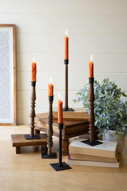 SET 5 RE-PURPOSED WOOD SPINDLE TAPER CANDLE STANDS - ASST