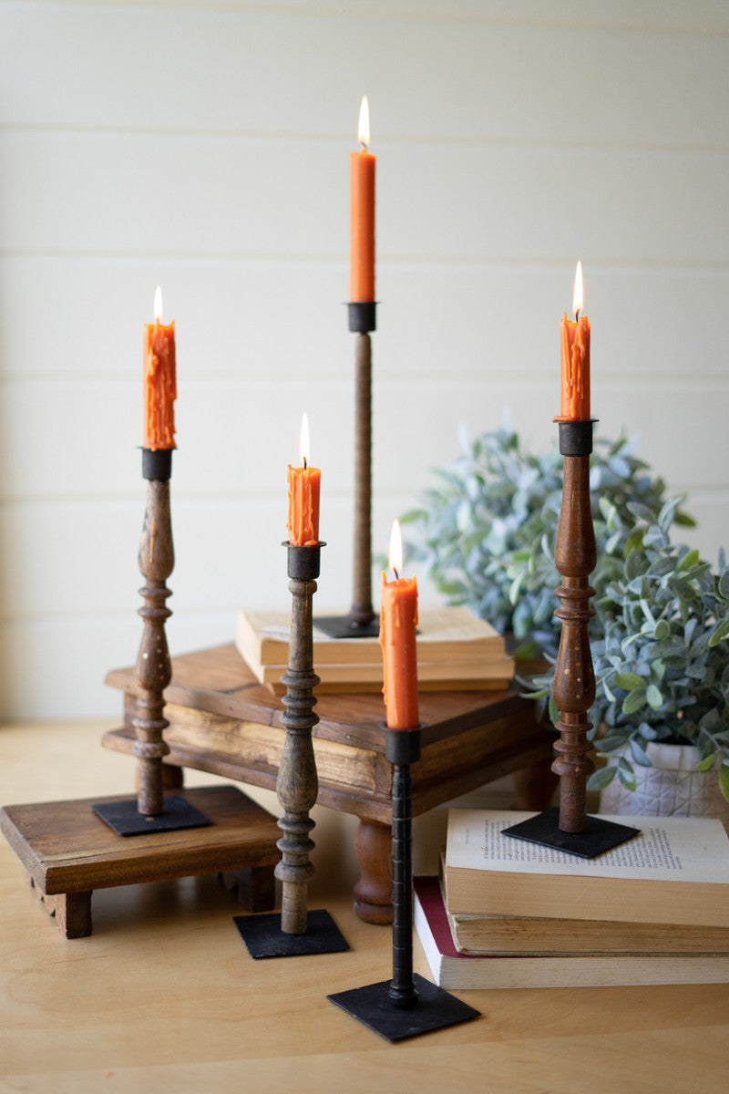 SET 5 RE-PURPOSED WOOD SPINDLE TAPER CANDLE STANDS - ASST