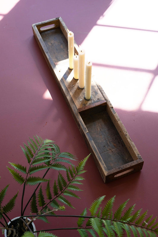 Recycled Wooden Tray with Four Taper Candle Holders