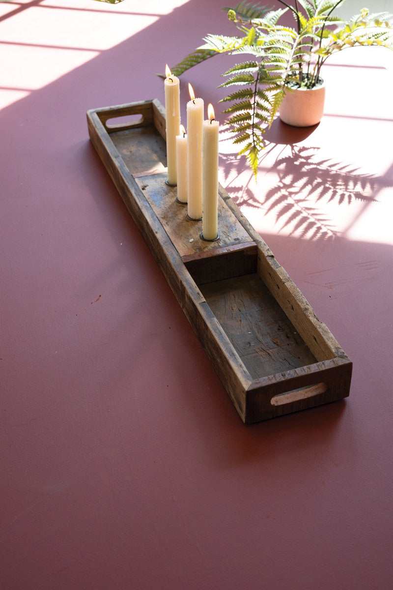 Recycled Wooden Tray with Four Taper Candle Holders