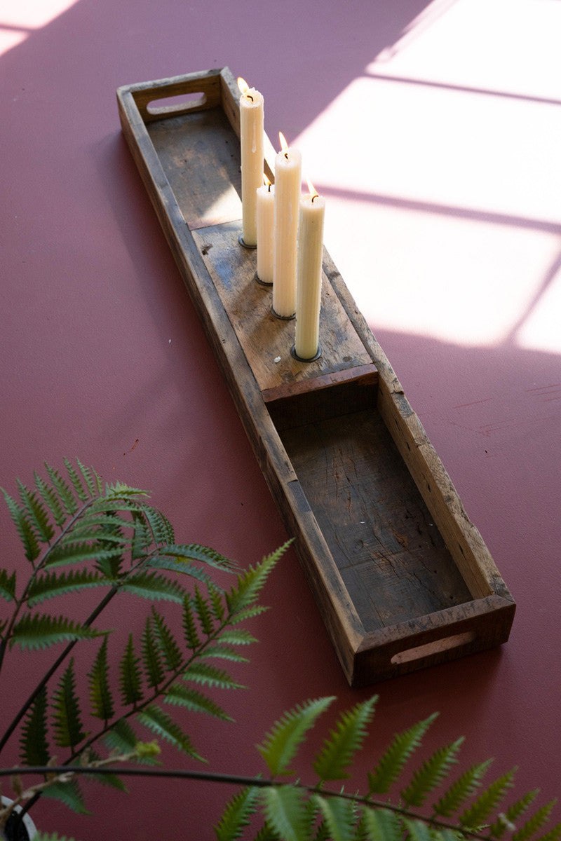 Recycled Wooden Tray with Four Taper Candle Holders