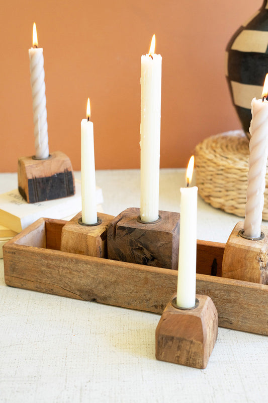 Five Recycled Wood Taper Candle Holders in a Wooden Tray