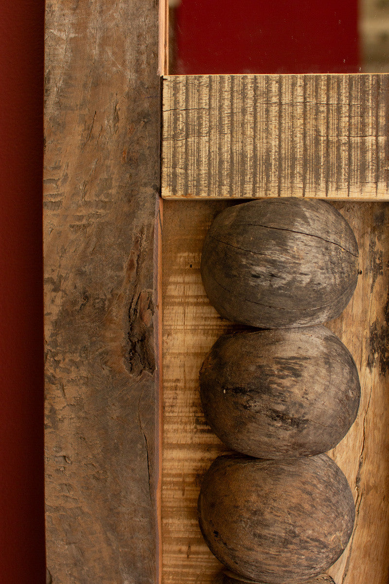 Tall Vertical Recycled Wood Framed Mirror with Balls Detail