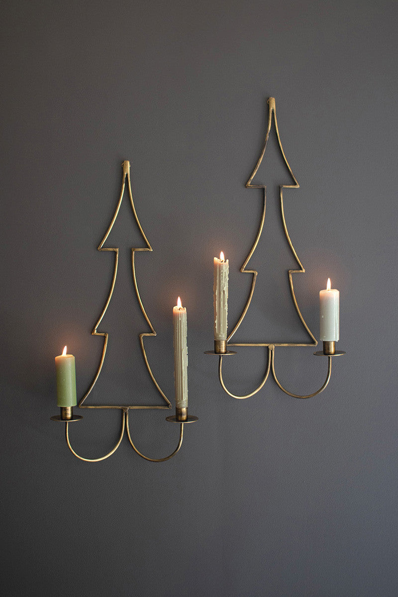 Set of 2 Antique Brass Christmas Tree Wall Candle Sconces