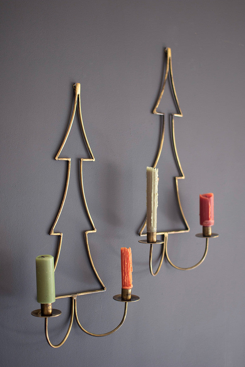 Set of 2 Antique Brass Christmas Tree Wall Candle Sconces