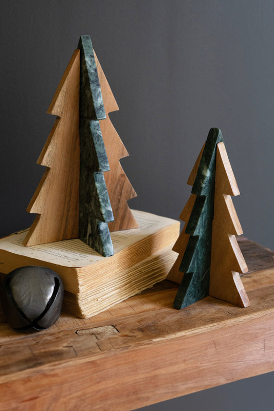 Set of 2 Green Marble and Acacia Wood Christmas Trees