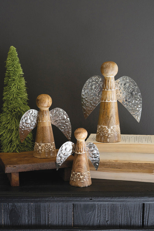 Set of 3 Wood and Tin Tabletop Christmas Angels