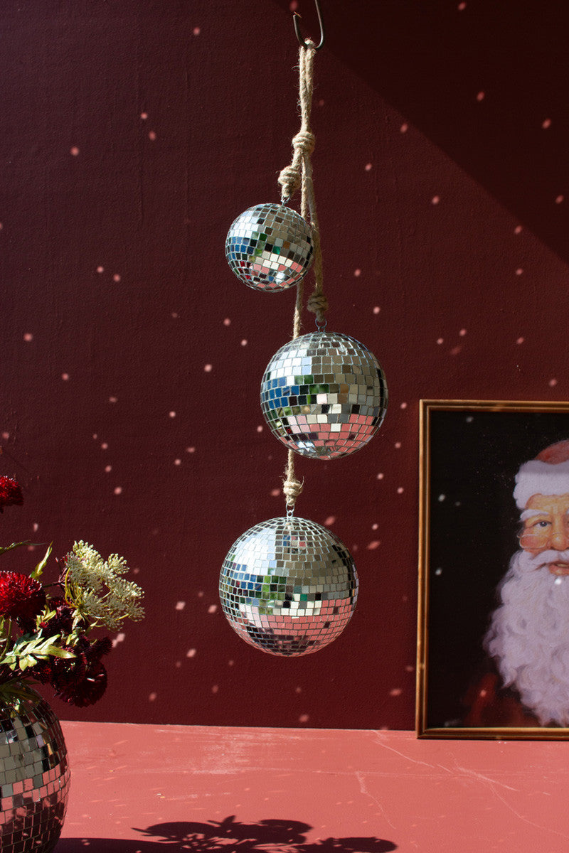 Three Glass Disco Balls on a Jute Rope