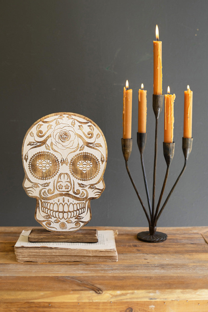 Carved Wooden Halloween Tabletop Skull