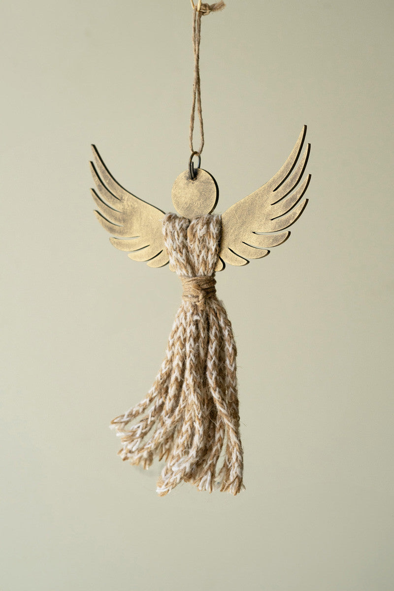 Antique Brass and Colorful Jute Angel Ornament