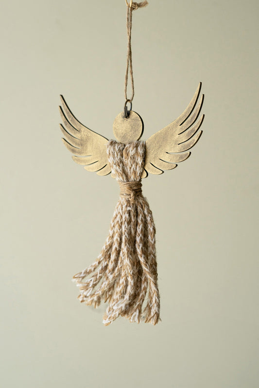 Antique Brass and Colorful Jute Angel Ornament