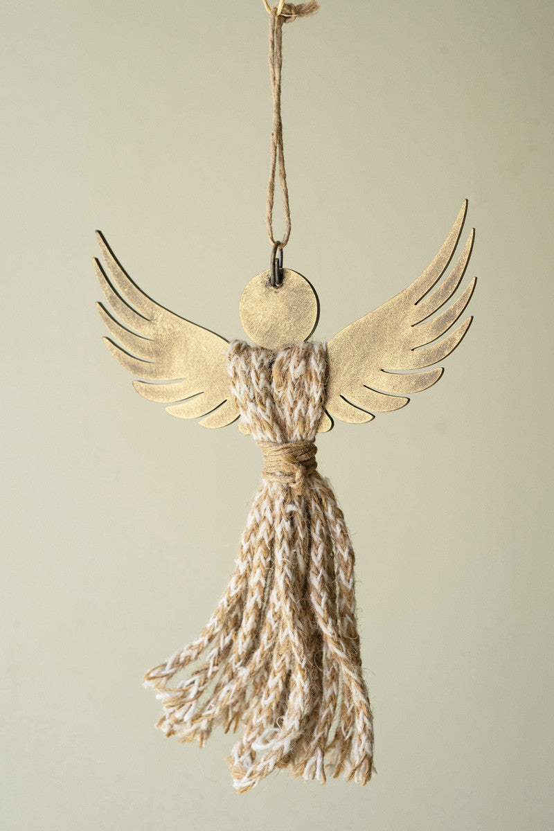 Antique Brass and Colorful Jute Angel Ornament