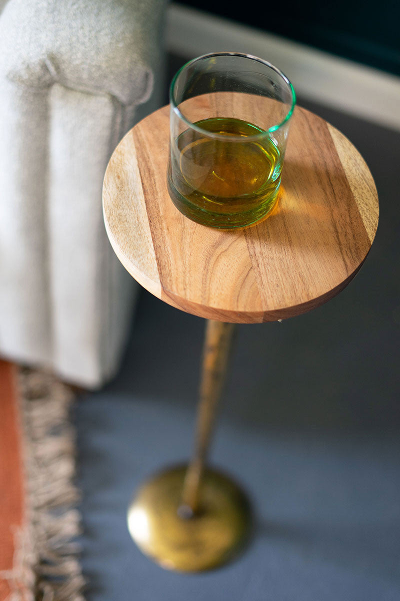 ANTIQUE BRASS COCKTAIL TABLE WITH ACACIA WOOD TOP