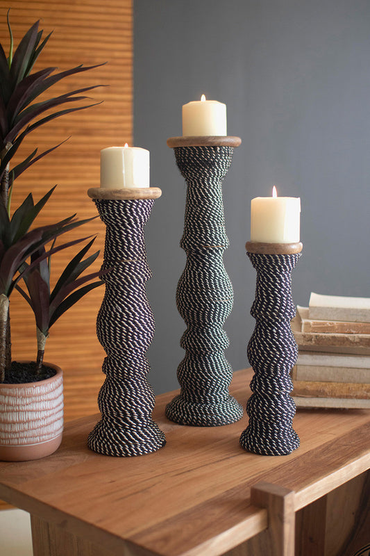 Set 3 Wooden Candle Holders Wrapped with Black & White String