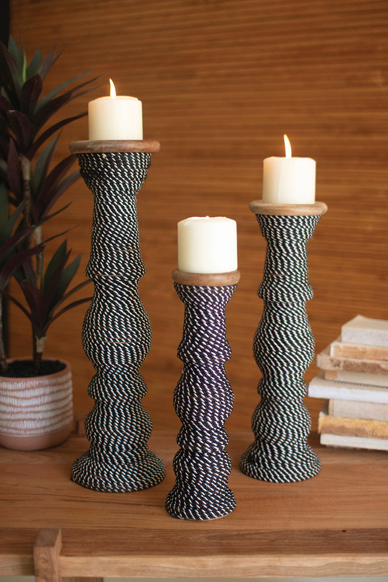 Set 3 Wooden Candle Holders Wrapped with Black & White String