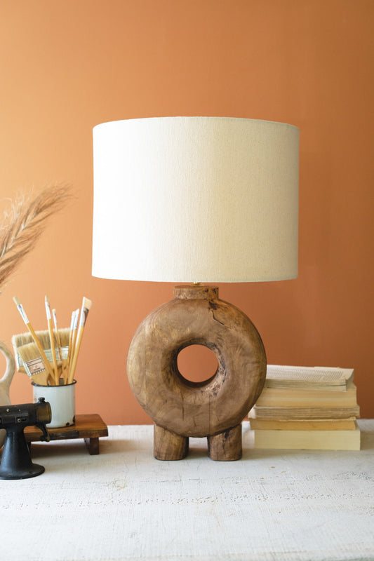 RECYCLED WOOD TABLE LAMP BASE W FABRIC LAMP SHADE