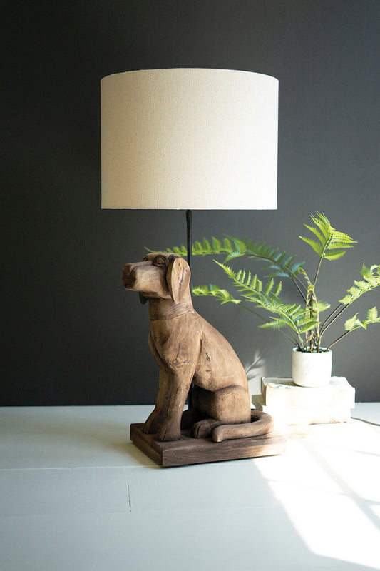Wooden Dog Table Lamp with Fabric Shade