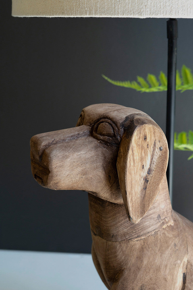 Wooden Dog Table Lamp with Fabric Shade