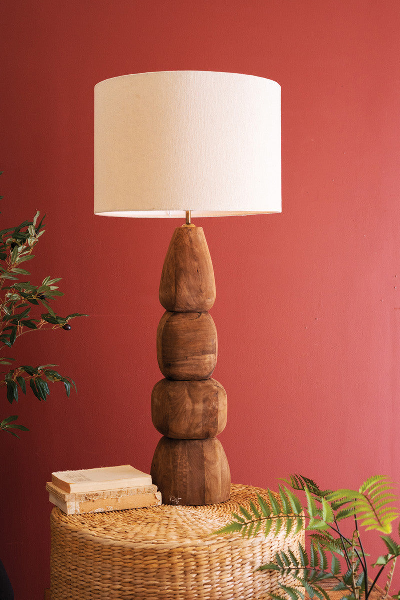 Quad Carved Mango Wood Table Lamp with Fabric Shade