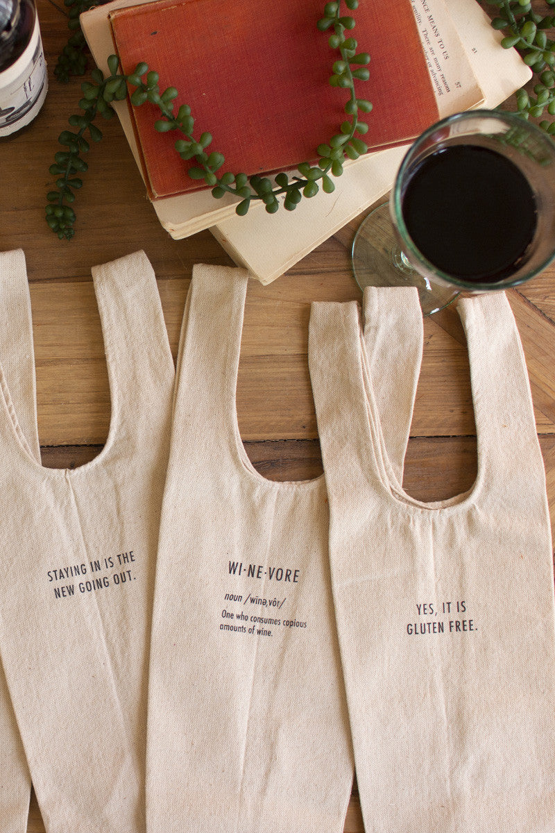 SET OF SIX WINE BAGS WITH QUIRKY SAYINGS
