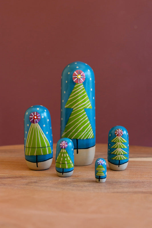 Set of 5 Whimsical Christmas Tree Nesting Dolls