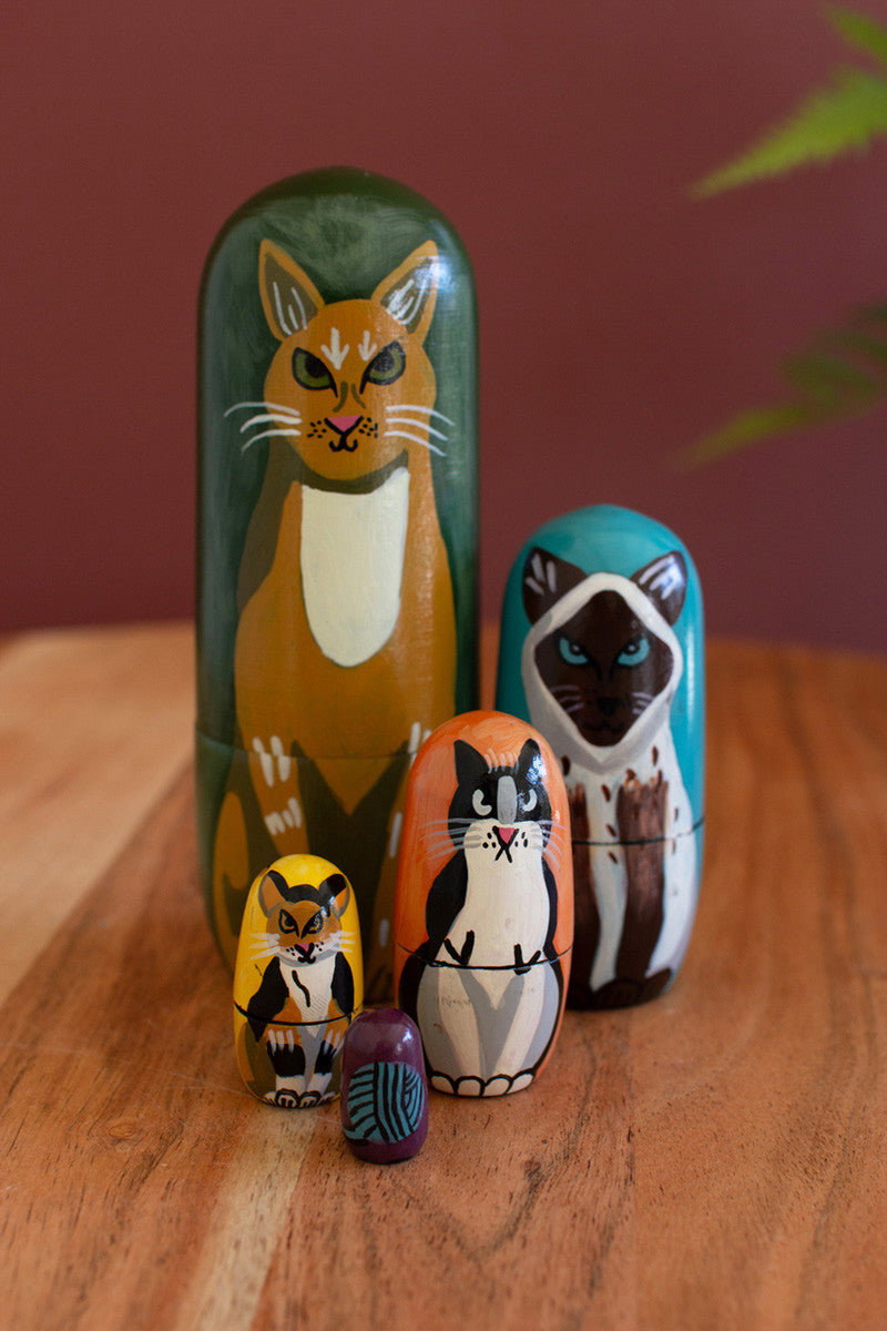 Set of 5 Wooden Cat Nesting Dolls