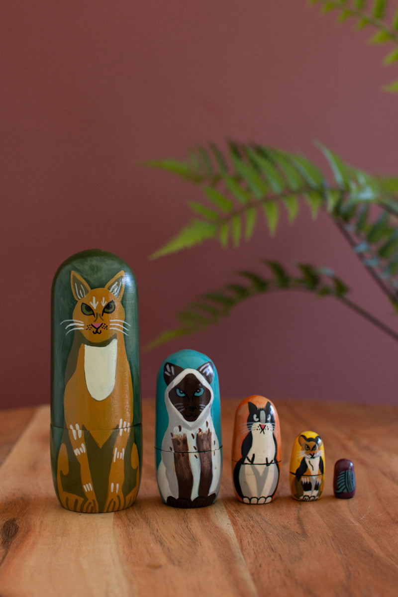 Set of 5 Wooden Cat Nesting Dolls