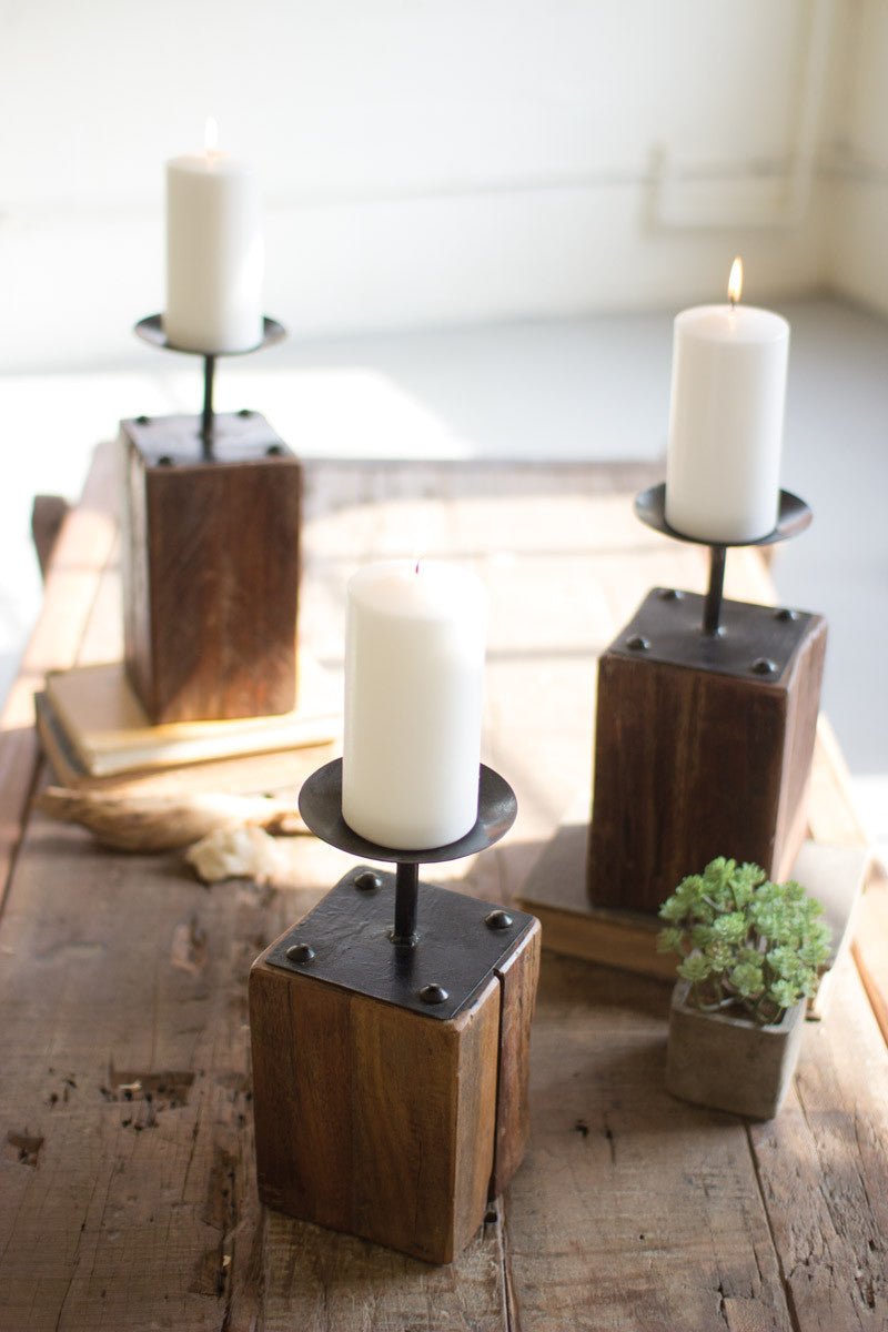 SET OF THREE RECYCLED WOOD CANDLE HOLDERS