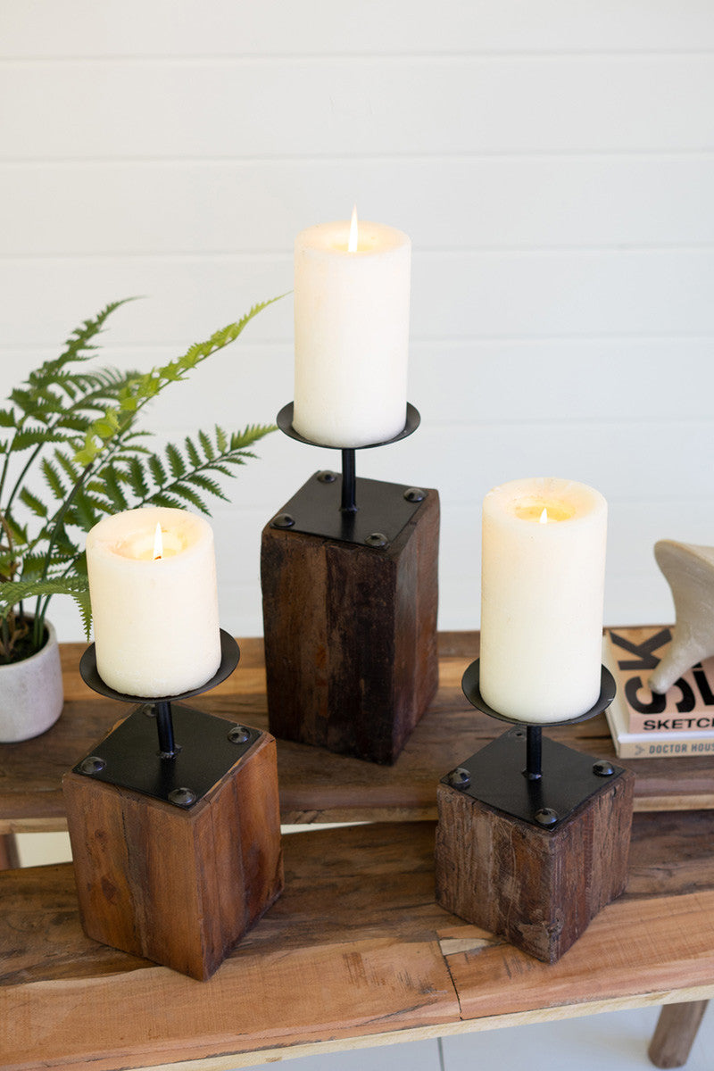 SET OF THREE RECYCLED WOOD CANDLE HOLDERS