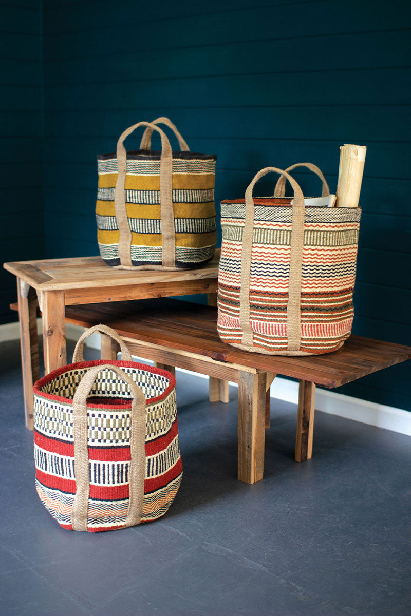 Set of 3 Multi-Colored Woven Jute Baskets with Handles