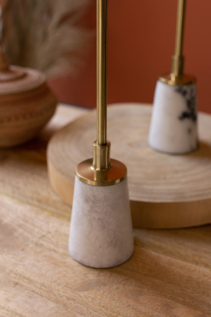 SET OF THREE BRASS TAPER CANDLE HOLDERS WITH MARBLE BASES