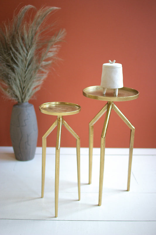 SET OF TWO ANTIQUE BRASS ALUMINUM COCKTAIL TABLES